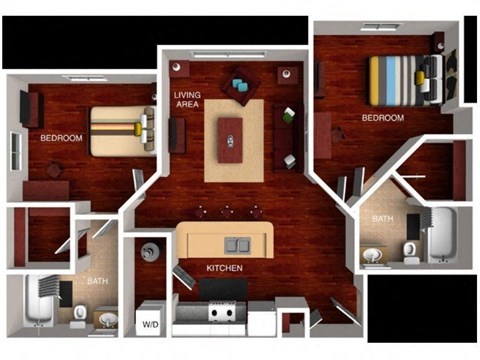 Floor plan for 2 beds, 2 baths, 891 sqft